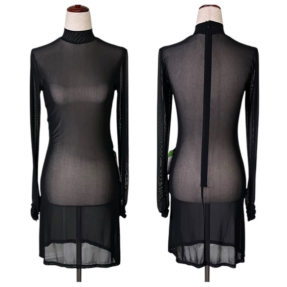 Badgley Mischka black sheer mesh long-sleeved cover-up dress - Picture 1 of 11
